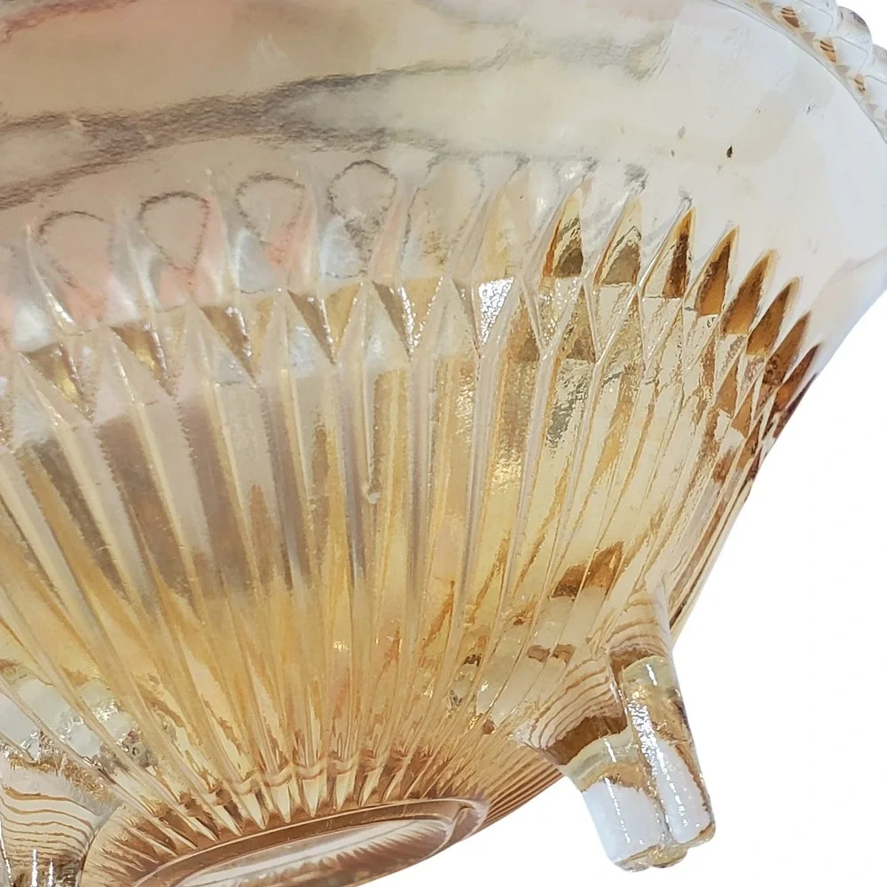 Indiana Glass Marigold Carnival Glass Footed Bowl Amber‎ Iridescent Sawtooth Rim